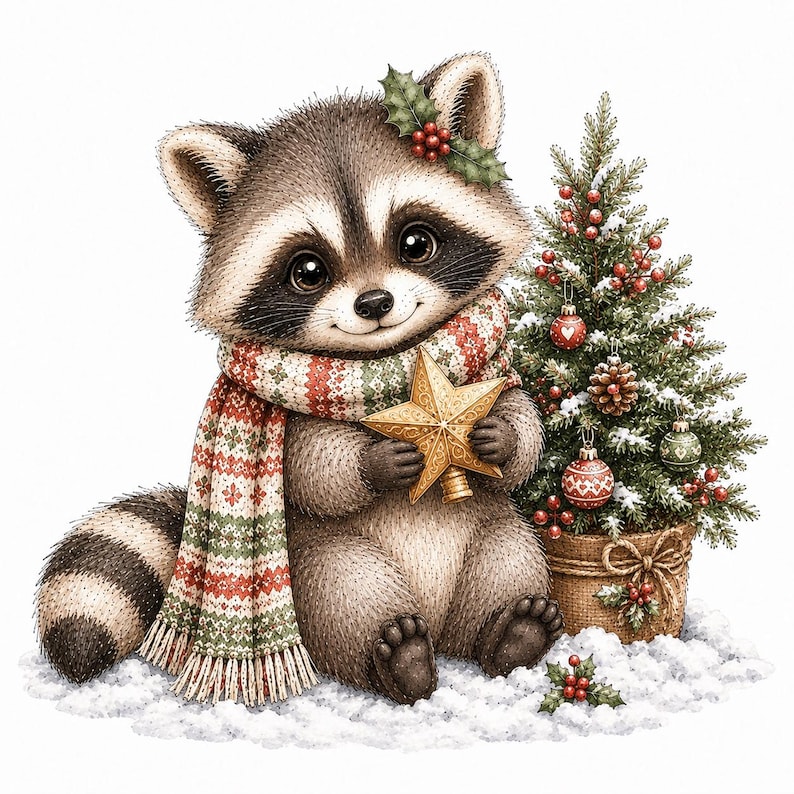 May include: A fluffy raccoon with a striped tail wears a red, green, and white patterned scarf and a sprig of holly on its head. It holds a gold star ornament while sitting next to a small, decorated Christmas tree in a burlap-wrapped pot.