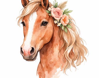 30 PNG Floral Horse Portraits Clipart Bundle - whimsical horse clipart, floral equine art, watercolor portraits - Digital Download