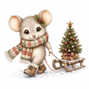 May include: A light brown mouse with large dark eyes wears a patterned knit scarf and brown boots. The mouse pulls a wooden sled carrying a small decorated Christmas tree with red and gold ornaments, a star topper, and a red plaid bow.