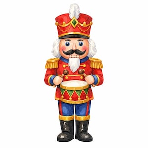 May include: A watercolour illustration of a nutcracker soldier wearing a red jacket with gold epaulettes, blue trousers, and black boots. The figure has a white beard, a moustache, and a red hat with a white plume, while playing a drum with two sticks.