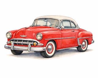 May include: A watercolor illustration of a vintage two-door car featuring a bright red body and a cream-colored roof. The vehicle has a chrome front bumper, round headlights, and white-wall tires with chrome hubcaps on a white background.