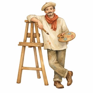 Puede incluir: Una ilustración en acuarela de un artista con boina beige, camisa de manga larga color crema con manchas de pintura, bufanda roja y pantalones marrones. El artista sostiene un pincel de madera y una paleta de pintor, apoyado sobre un caballete.
