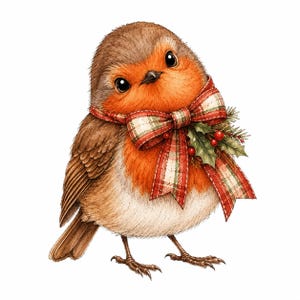 May include: A brown and orange robin bird illustration featuring a red, green, and white plaid ribbon bow tied around its neck, accented with a small sprig of green holly leaves and red berries, set against a plain white background.