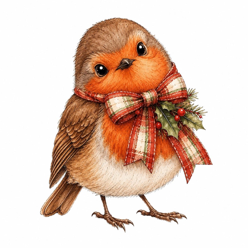 May include: A brown and orange robin bird illustration featuring a red, green, and white plaid ribbon bow tied around its neck, accented with a small sprig of green holly leaves and red berries, set against a plain white background.