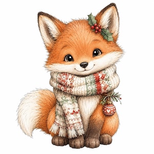 May include: A watercolour illustration of a fox with orange fur and a white chest, wearing a cream-coloured knit scarf with red and green patterns. The fox has a sprig of holly on its head and a small red Christmas ornament hanging from the scarf.