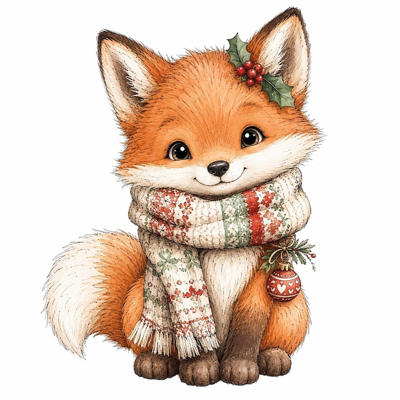 May include: A watercolour illustration of a fox with orange fur and a white chest, wearing a cream-coloured knit scarf with red and green patterns. The fox has a sprig of holly on its head and a small red Christmas ornament hanging from the scarf.