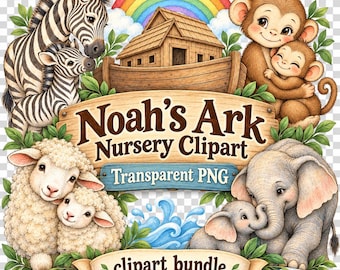 30 PNG Noah's Ark Nursery Clipart Bundle - animal nursery, ark clipart, bible story clipart, rainbow cloud clipart - Digital Download