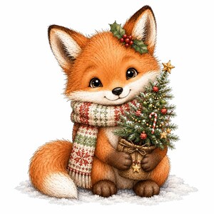 May include: An illustration of a ginger fox with large dark eyes, wearing a cream, red, and green patterned scarf. The fox has a sprig of holly on its head and holds a small potted Christmas tree decorated with ornaments and a candy cane.