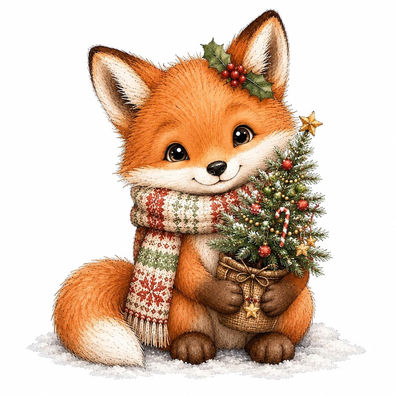May include: An illustration of a ginger fox with large dark eyes, wearing a cream, red, and green patterned scarf. The fox has a sprig of holly on its head and holds a small potted Christmas tree decorated with ornaments and a candy cane.