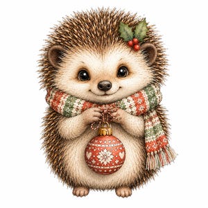 May include: A brown and cream hedgehog illustration wearing a red, green, and white patterned scarf with fringe. The hedgehog has a sprig of holly with red berries on its head and is holding a round red Christmas ornament with white patterns.