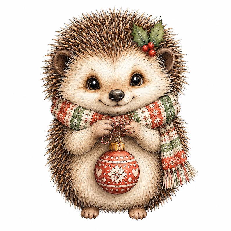 May include: A brown and cream hedgehog illustration wearing a red, green, and white patterned scarf with fringe. The hedgehog has a sprig of holly with red berries on its head and is holding a round red Christmas ornament with white patterns.