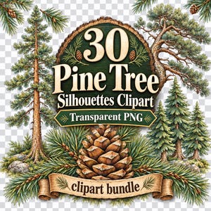Op de afbeelding: Een digitale afbeelding met de tekst 30 Pine Tree Silhouettes Clipart Transparent PNG clipart bundle. Het ontwerp bevat gedetailleerde illustraties van dennenbomen, dennennaalden en een grote centrale dennenappel op een donkere houten achtergrond.