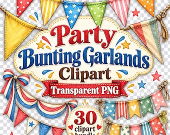 30 PNG Party Bunting Garlands Clipart Bundle - Party Banner Garland, Pennant Flags, Birthday Decor, Transparent PNG - Digital Download