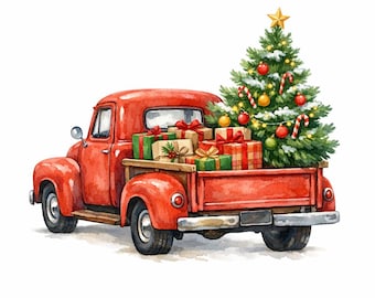 30 PNG Vintage Christmas Truck Clipart Bundle - Rödgröna lantbrukslastbilar, träd, kransar, presenter, bondgårds akvarellkonst - Digital nedladdning