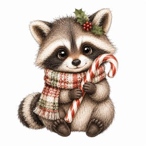 May include: A fluffy raccoon illustration featuring a brown and white striped tail, wearing a red, white, and green patterned scarf. The raccoon has a sprig of holly with red berries on its head and is holding a red and white striped candy cane.