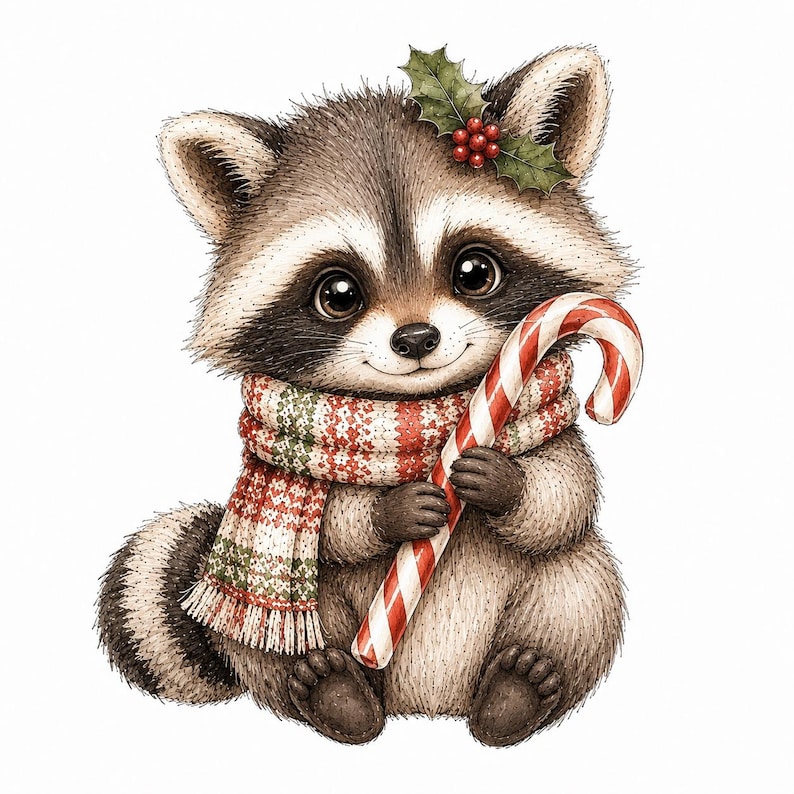 May include: A fluffy raccoon illustration featuring a brown and white striped tail, wearing a red, white, and green patterned scarf. The raccoon has a sprig of holly with red berries on its head and is holding a red and white striped candy cane.
