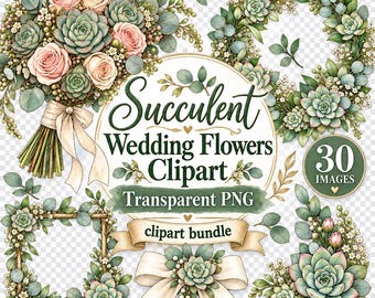 30 PNG Succulent Wedding Flowers Clipart Bundle - succulent bouquet, wedding wreath, invitation frame, transparent PNG - Digital Download
