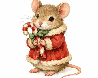 30 PNG-Clipart-Bundle mit Vintage-Weihnachtsmäusen und Wohnzimmerszenen – Aquarellmäuse, Vintage-Dekoration, Weihnachts-Clipart – Digitaler Download