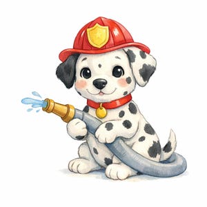 Pode incluir: Uma ilustração em aguarela de um cachorro dálmata branco com manchas pretas, usando um capacete de bombeiro vermelho com um emblema dourado. O cachorro tem uma coleira vermelha com uma medalha dourada e segura uma mangueira cinzenta que expele água azul.