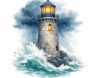 30 PNG Stormy Lighthouse Clipart Bundle - stormy lighthouses, ocean waves, storm clouds, rocky coast, nautical scenery - Digital Download