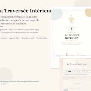 Peut inclure: Présentation d'un produit numérique intitulé "La Traversée Intérieure" sur une tablette et un écran plus grand. Le design présente une fleur de lotus et du texte en français, promouvant un accompagnement cérémoniel de 42 jours.