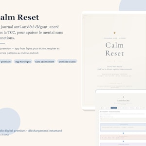 Peut inclure: Publicité pour un produit numérique avec le texte "Calm Reset" sur un écran de tablette. L'image présente une description en français d'un journal anti-anxiété basé sur la thérapie cognitivo-comportementale.