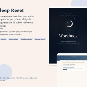Op de afbeelding: Een digitale productbundel met de titel "Sleep Reset" wordt weergegeven op een tablet en een werkboek. De kaft van het werkboek is donkerblauw met een halve maan ontwerp en het woord "Workbook".