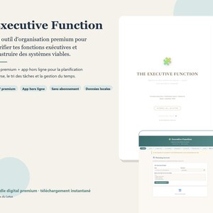 Peut inclure: Publicité pour "Executive Function", un outil d'organisation numérique premium. L'image présente une tablette et un écran d'ordinateur affichant l'interface du produit. Le texte est en français.