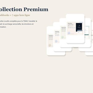 May include: The image shows a digital collection of workbooks and apps. The text reads "Collection Premium" and lists 7 workbooks and 7 offline apps. The description mentions tools for ADHD, anxiety, sleep, sensory overload, emotions, and organisation.