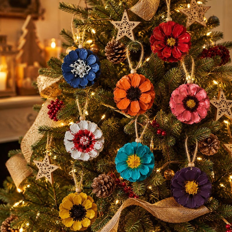Handmade Pine Cone Flower Ornaments | Rustic Woodland Christmas Tree Decorations (Set of 10) image 3