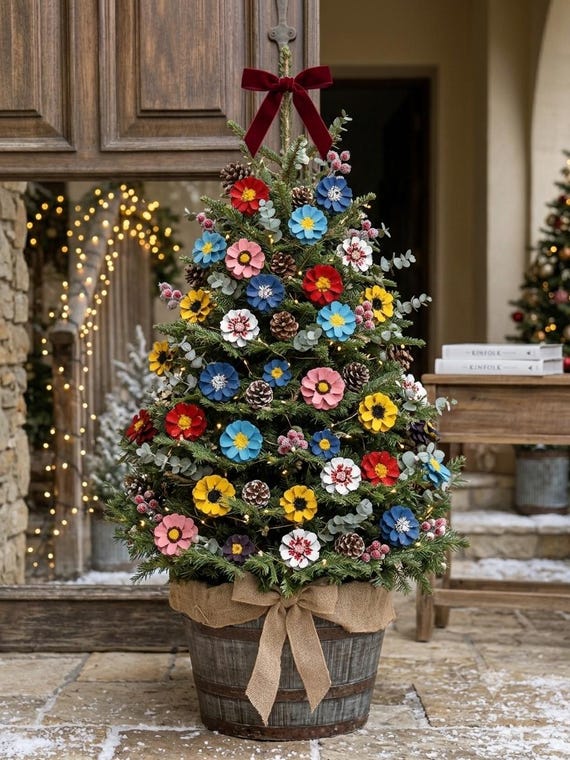 Handmade Pine Cone Flower Ornaments | Rustic Woodland Christmas Tree Decorations (Set of 10)