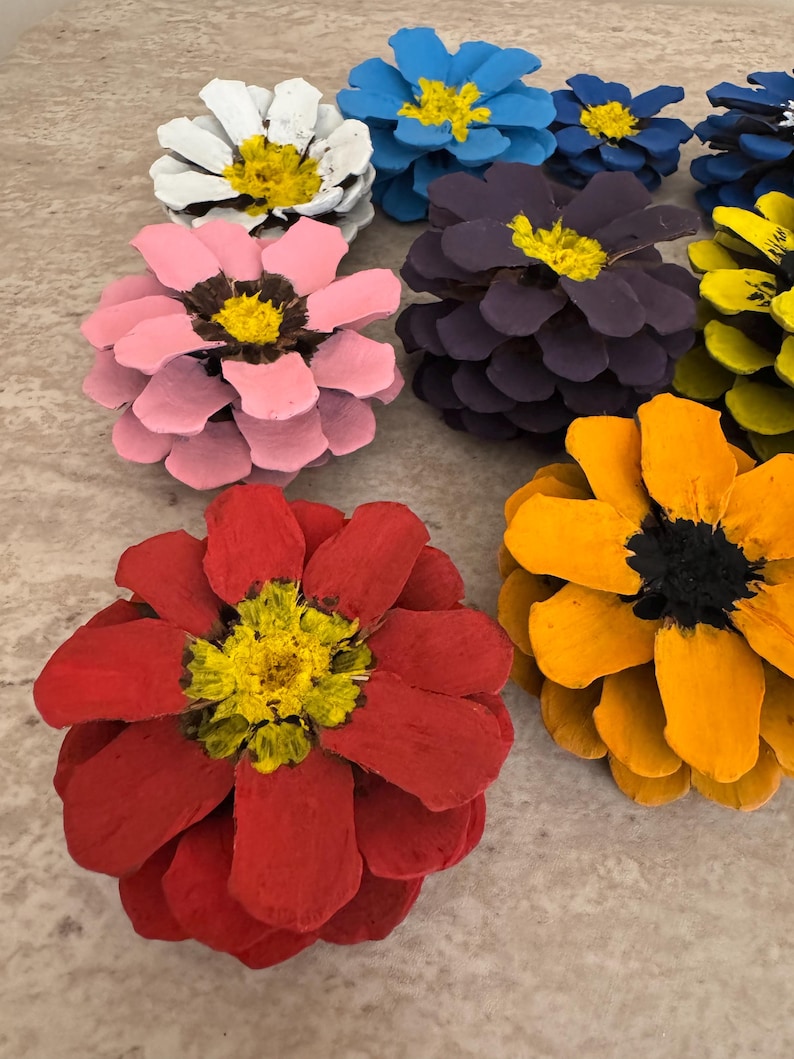May include: A collection of pinecones painted to resemble flowers in various colors including red, orange, yellow, pink, purple, blue, and white. Each pinecone features painted petals and a textured center, creating a floral appearance.