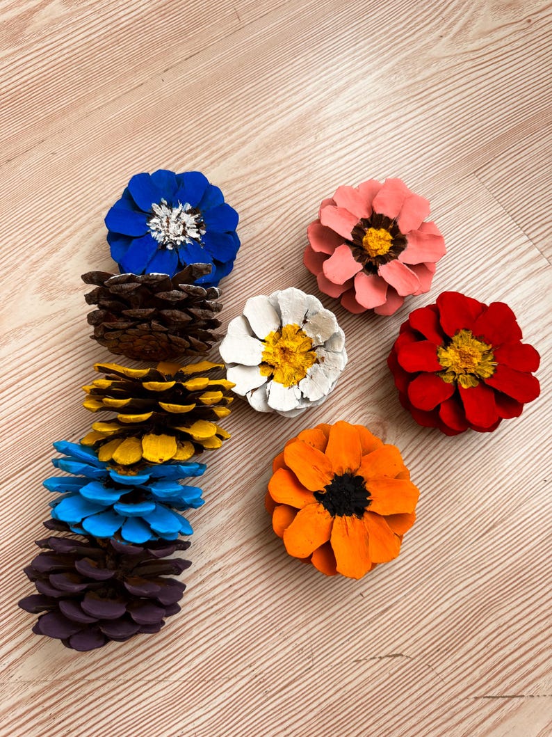 May include: A collection of pinecones painted to resemble flowers. The arrangement includes individual pinecones painted in solid blue, pink, red, orange, white, yellow, and purple, with some featuring contrasting centers in black, yellow, or white.