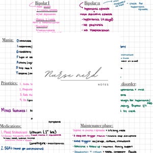 May include: A handwritten medical study guide on a white grid background. The title reads "bipolar I & II" with notes on symptoms, medications, and maintenance phases. The text is in various colors, including pink, purple, and blue.