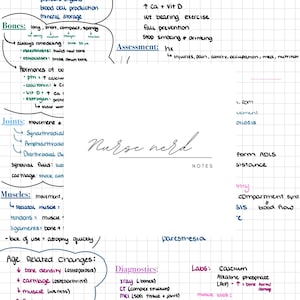 May include: A handwritten medical study guide on a grid paper background. The title "Musculoskeletal" is at the top, with notes on bones, joints, muscles, and health promotion. The text "Nurse Nerd" is written in cursive.