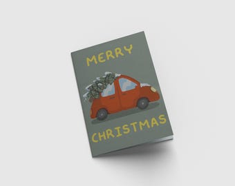 Red car hand illustrated christmas card