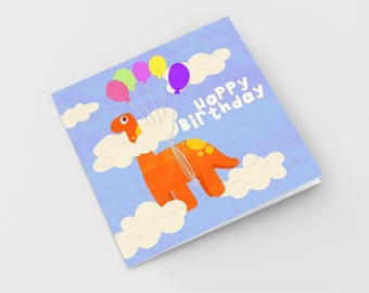 Tarjeta de felicitación de cumpleaños con dinosaurio flotante