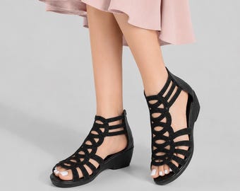 Sandales compensées à strass pour femme | Sandales gladiateur à fermeture éclair | Sandales à plateforme et bout ouvert | Chaussures d'été élégantes | Chaussures pour invitée à un mariage | Cadeau pour elle