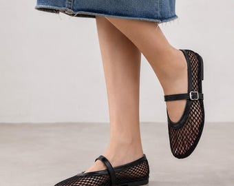 Mesh Mary Jane Flats | Breathable Fishnet Ballet Shoes | Square Toe Ankle Strap Summer Sandals | Lightweight Casual Walking Flats