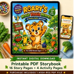 Könnte beinhalten: Digitaler Download eines Kinderbilderbuchs mit dem Titel "Roary's Magic Veggie Heroes". Das Cover zeigt einen Zeichentiger und verschiedene Gemüsefiguren. Das Buch wird als Abenteuer für gesunde Gewohnheiten für Kinder im Alter von 3-7 Jahren beworben.