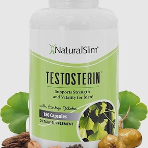 May include: A white plastic bottle of NaturalSlim Testosterin dietary supplement with a light green label. The label features the text "TESTOSTERIN", "Supports Strength and Vitality for Men", "with Ginkgo Biloba", and "180 Capsules".