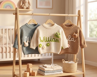 Hand-Knit Baby Name Sweater, Personalized Newborn Pullover, Custom Knitted Baby Sweater, Baby Shower Gift for Boys & Girls