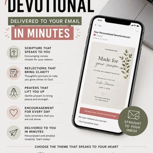 Op de afbeelding: Een digitale flyer voor een gepersonaliseerde devotiedienst per e-mail. De tekst luidt YOUR personalized DEVOTIONAL, DELIVERED TO YOUR EMAIL IN MINUTES, en somt functies op zoals geschriften en gebeden met iconen.