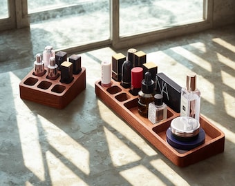 Handmade Vintage Wooden Cosmetics Organizer | Solid Wood Lipstick Holder and Makeup Storage Box | Desktop Sundries & Jewelry Display