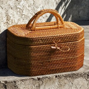 Handmade Handwoven Rattan Storage Basket with Handle | Wicker Picnic Box | Bread, Fruit, Cake & Tea Set Container | Rustic Kitchen Organizer