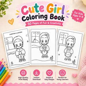 May include: A colouring book titled Cute Girl Colouring Book with 50 pages of fun and creativity for kids ages 4-8. The cover displays three black and white line art illustrations of a girl, including one carrying a lantern.