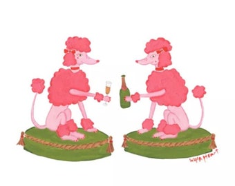 Preppy Chic and Elegant: Pink Poodles Sipping Champagne Art Print for Bar Cart by Willa Heart