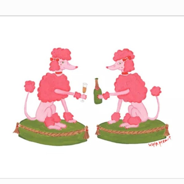 Preppy Chic and Elegant: Pink Poodles Sipping Champagne Art Print for Bar Cart by Willa Heart