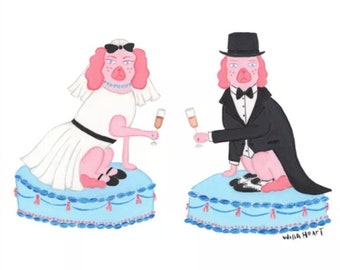 Chic Preppy Staffordshire Dogs Art Print: Toasting Newlywed Bliss with Champagne!