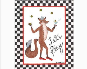 Classy Fox Art Print | Fun & Luxurious "Let's Party"! Peggy Harmon Sassy Martini Fox Party Art Print of original Painting by Willa Heart